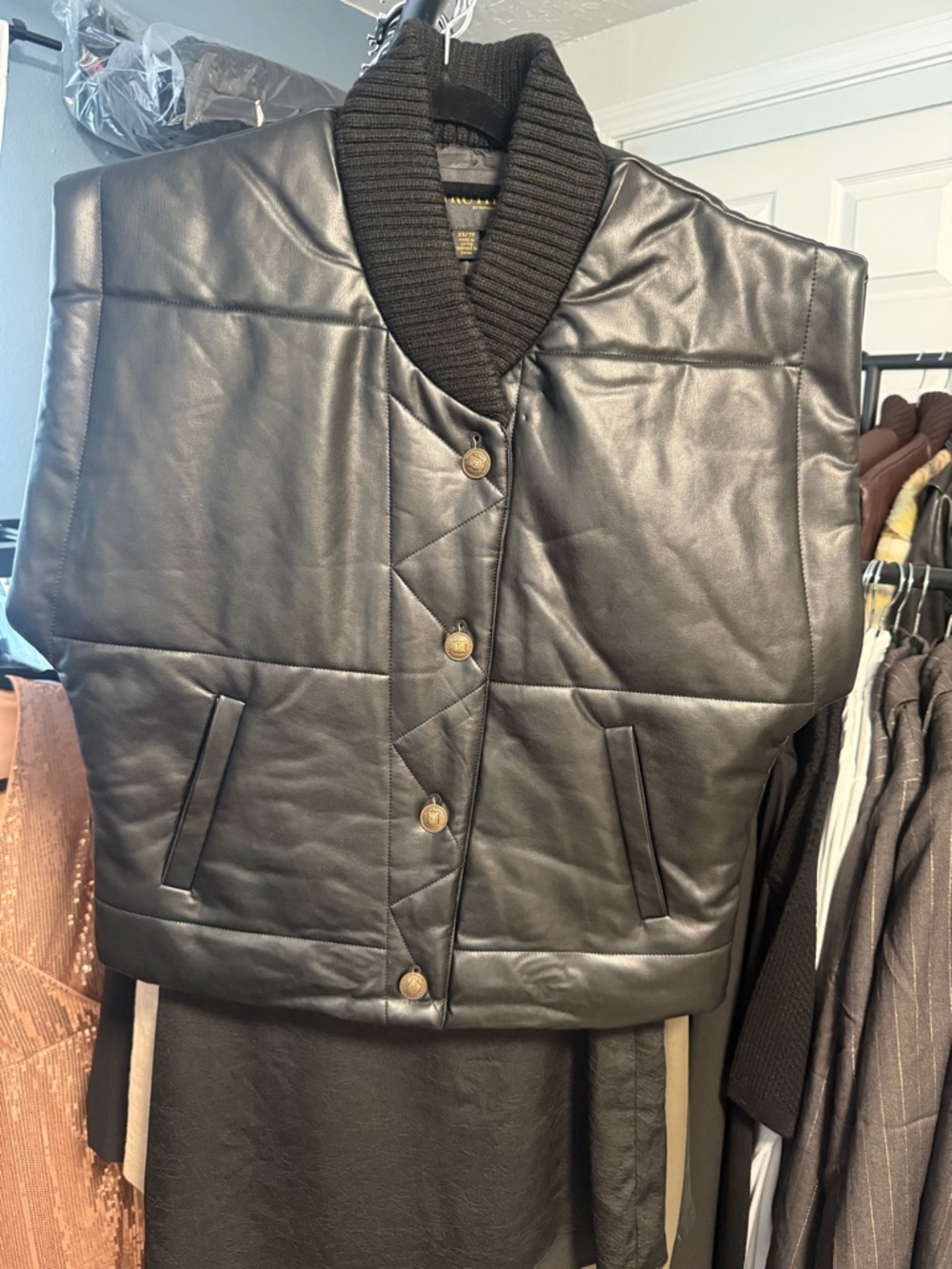 Truth Black Quilted Faux Leather Puffer Vest with Rib Collar
